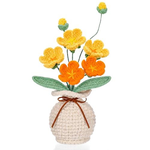 Marsui Crochet Flower Bouquet with Vase Forget-Me-Not Flowers Pot Crocheted Flower Handmade Knitted Potted Flowers Gift for Women Coworker Father's Gifts Back to School Gift Home Decoration (Yellow) - color: Yellow, style: Forget-me-not