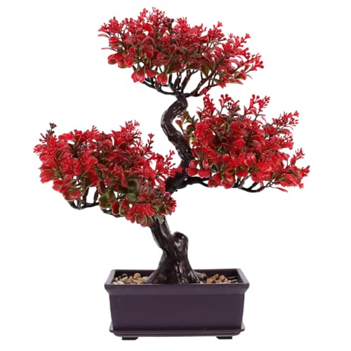 Cabilock Artificial Bonsai Tree Decor, 14.17 Inch Small Fake Plant in Pot, Faux Potted Bonsai Tree for Home Office Desk, Men Living Room Shelf, Bathroom, Bedroom and Zen Japanese Room Decor - color: Red