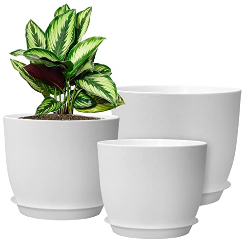 WOUSIWER Plant Pots 10/9/8 inch, Set of 3 Modern Decorative Plastic Planters with Drainage Holes and Saucers for House Plants Indoor Flowers Plants, White - color: White