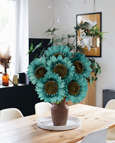 Hollyone Large Silk Sunflowers Artificial Flowers 26" Long Stem Artificial Sunflower 6PCS Faux Vintage Fall Sunflowers Bouquet Bulk for Home Wedding Birthday Party Centerpieces Decorations - color: Peacock Blue