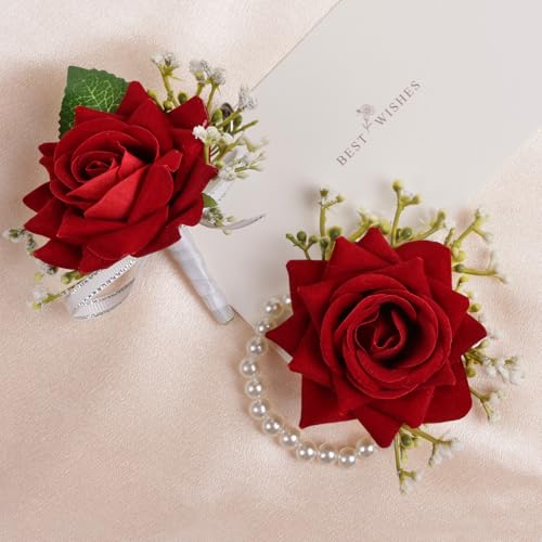 Alizeal 2Pcs of Wrist Corsage and Boutonniere Set, Artificial Flowers Accessories Suit Decor for Wedding Prom Party Homecoming Ceremony, Wine Red - color: 701-wine Red