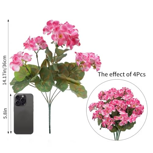 4Pcs Pink Geraniums Artificial Flowers Realistic for Outdoors 14" Faux Silk Geraniums for Outdoors UV Resistant Fake Flowers for Planters Home Garden Porch Balcony Patio Cemetery (Pink) - color: Pink