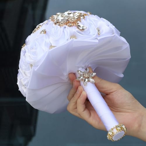 7.5in White Handmade Wedding Bouquet with Luxury Gold Rhinestone Brooch Satin Rose Flower Bridal Bouquet for Bride Bridesmaid Quinceanera Wedding Bouquet White - color: White, size: Medium (DIA. 7.5"/19cm)