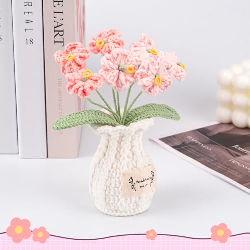 Forget Me Not Crochet Flower Plant, Small Cute Handmade Knitted Flowers with Vase, Small Crochet Potted Artificial Flower Plants for Desk Home Car Dashboard Office Decorations (Forget Me Not-Pink) - color: Forget Me Not-pink