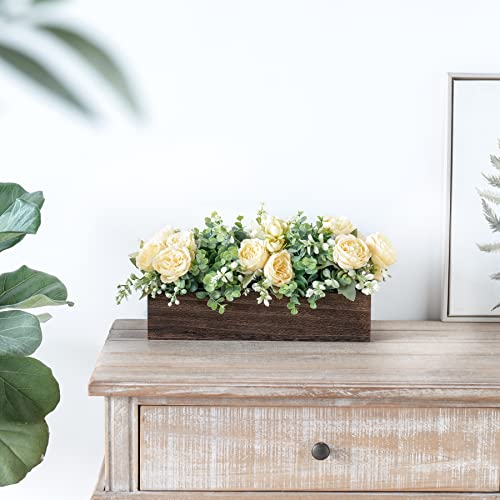 Dahey Centerpiece Table Decorations for Dining Room Farmhouse Table Centerpieces Decor Wood Tray with 3 Artificial Flowers and 2 Eucalyptus for Living Room Kitchen Table, 14.1" x 4.7" x 3.1" - color: Champagne