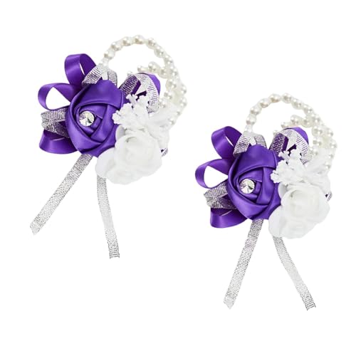 2pcs Purple Wedding Wrist Corsages Artificial Silk Rose for Women | for Wedding, Prom, Homecoming, and Evening Party, Wrist Corsages with Pearls for Brides, Bridesmaids, Mother of the Bride - color: 2pcs Deep Purple Wrist Corsages