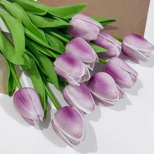 PU Real Touch Tulips Artificial Flowers 20Pcs Fake Flowers Arrangement Bouquet for Home Office Wedding Decoration (Purple) - color: Purple 20pcs