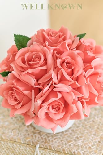 Artificial Rose Bouquet in Ceramic Vase, Silk Flower Arrangement in Pot, Real Touch Fake Flowers with White Vase for Wedding Home Centerpiece Coffee Table Bathroom Anniversary Decor & Gift (Coral) - color: Rose, Coral