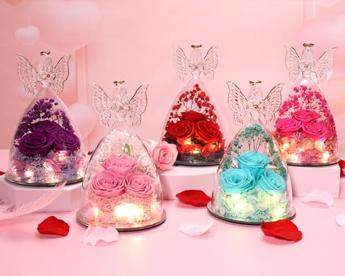 Mothers Day Rose Gifts for Women Preserved Real Flower in Glass Angel Figurines Roses for Delivery Prime Birthday Gifts for Mom Grandma Girlfriend Wife Her, Full Purple - color: Purple Pur