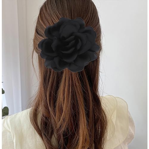 Large Flower Brooches Lapel Pins for Women Satin Fabric Brooches Big Camellia Flower Brooch Pins Wedding Part Dance Clothes Accessories Jewelry Gifts - color: black