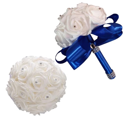Wedding Bouquets for Bride, Bridal Flowers for Wedding, Bride Bridesmaid Hand Flowers Bridal Bouquet Crystal Diamond Silk Roses, Artificial Flowers Bouquet for Church Wedding Party (Blue) - color: Blue