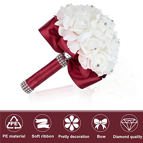 Burgundy Wedding Bouquet for Bride Bridesmaid Toss Bouquet Crystals Silk Rose Bridal Bouquet for Wedding Party (Burgundy White) - color: Burgundy +White