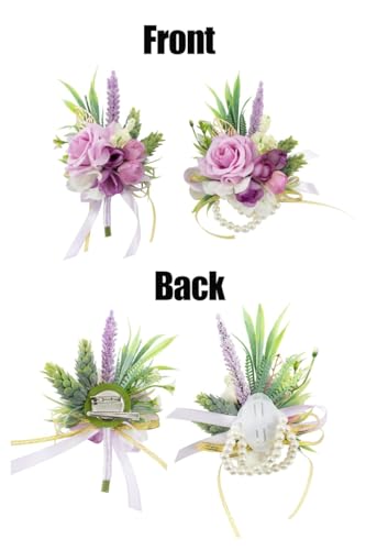 2 Pcs Wrist Corsage and Boutonniere Set, Lavender Purple Corsage for Wedding, Boutonniere for Men Artificial Rose Flower Wristlet Bracelet Prom Ceremony Anniversary Accessories Decor Suit - color: Lavender Purple