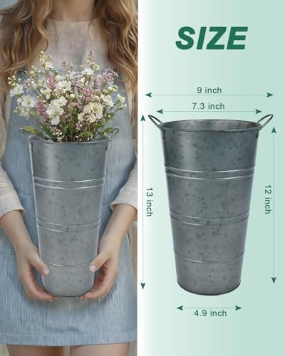 vensovo 12 Inch Galvanized Metal Vases for Flowers - 6 Pcs Farmhouse Decorative Tall Flower Bucket with Handles, Rustic French Tin Planter Buckets for Wedding Decor (Galvanized Black) - color: Galvanized Black
