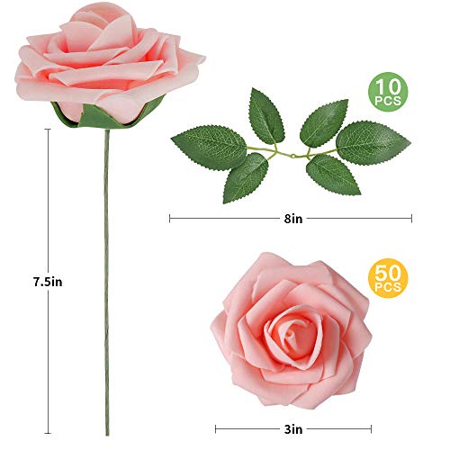AmyHomie Artificial Flower 50pcs Real Looking Fake Roses w/Stem for DIY Wedding Bouquets Centerpieces Arrangements Party Baby Shower Valentines Day Christmas Tree Decorations - color: Pink