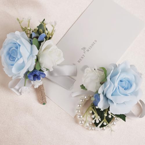 Alizeal 2Pcs of Wrist Corsage and Boutonniere Set, Artificial Flowers Accessories Suit Decor for Wedding Prom Party Homecoming Ceremony, Blue+White - color: 701-blue+white