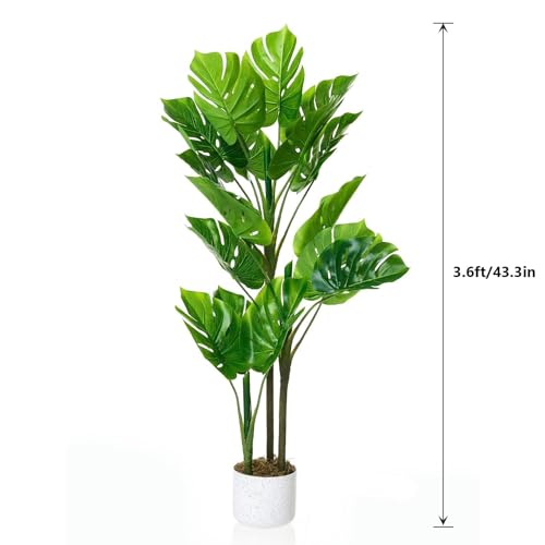 3.6FT Artificial Monstera Deliciosa Plant in White Tall Planter, 43"H Fake Decorative Evergreen Potted Swiss Cheese Floor Tree, Indoor Faux Tropical Plants for Living Room Porch Entryway Office Decor