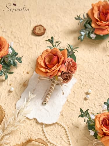 Serwalin 6PCS Orange Rose Boutonniere for Men Wedding Groom Groomsmen Best Man Boutonniere for Wedding Ceremony Anniversary Prom Flowers Formal Dinner Party, Orange - color: Orange, size: Boutonniere 6pcs