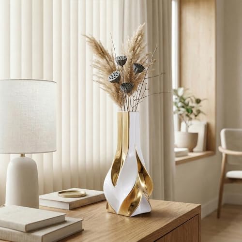 10.6" White and Gold Ceramic Vase, Modern Geometric Flower Vase for Dining Table Centerpiece, Elegant Decorative Vase for Pampas Grass, Living Room, Bedroom, Office, Tabletop Decoration - color: White Gold