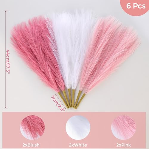 Pink Pampas Grass Decor 17.7 Inch 6pcs, Artificial Pampas Grass for Room Decoration, Blush Faux Pampas for Short Vase, Home Wedding Party Table Centerpieces