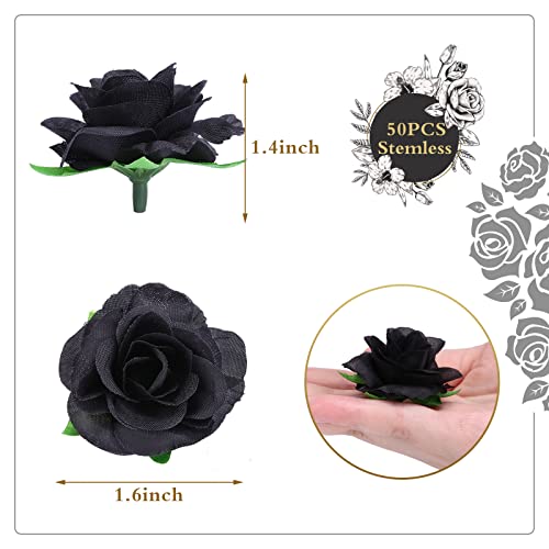 Yinsun 50pcs Mini Black Roses Artificial Flower Heads, 1.57” Real Touch Black Silk Fake Flowers for DIY Craft Home Decor Halloween Party Decoration - color: Black, size: 1.57 Inch