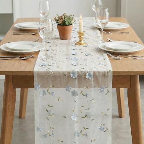 Artoid Mode Dusty Blue 3D Flower Gauze Embroidery Table Runner 120 Inch 10FT, Tulle Seasonal Spring Kitchen Dining Holiday Table Decor for Home Party - color: White-dusty Blue
