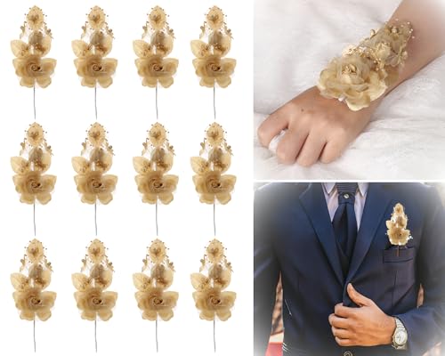 Set of 12 Artificial Silk Organza Craft Rose Flower, 12 Corsage Wristlet, 12 Pin Back DIY Boutonnieres for Wedding, Bridesmaids, Groomsmen, Quinceanera, Prom, Sweet 16 (Champagne) - color: Champagne