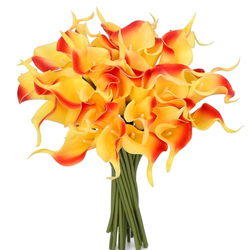 24 Pcs Orange Artificial Calla Lily Flowers Fake Orange Silk Flowers Real Touch for Wedding Bouquet Office Home Kitchen Decor - color: Red-yellow