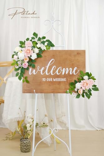 Wedding Decor (Pack of 2) Welcome Sign Flower Backdrop Garland for Ceremony Reception Wall Easel Home Decoration Entryway Faux Outdoor Board Head Table Decor (Blush) - color: Blush