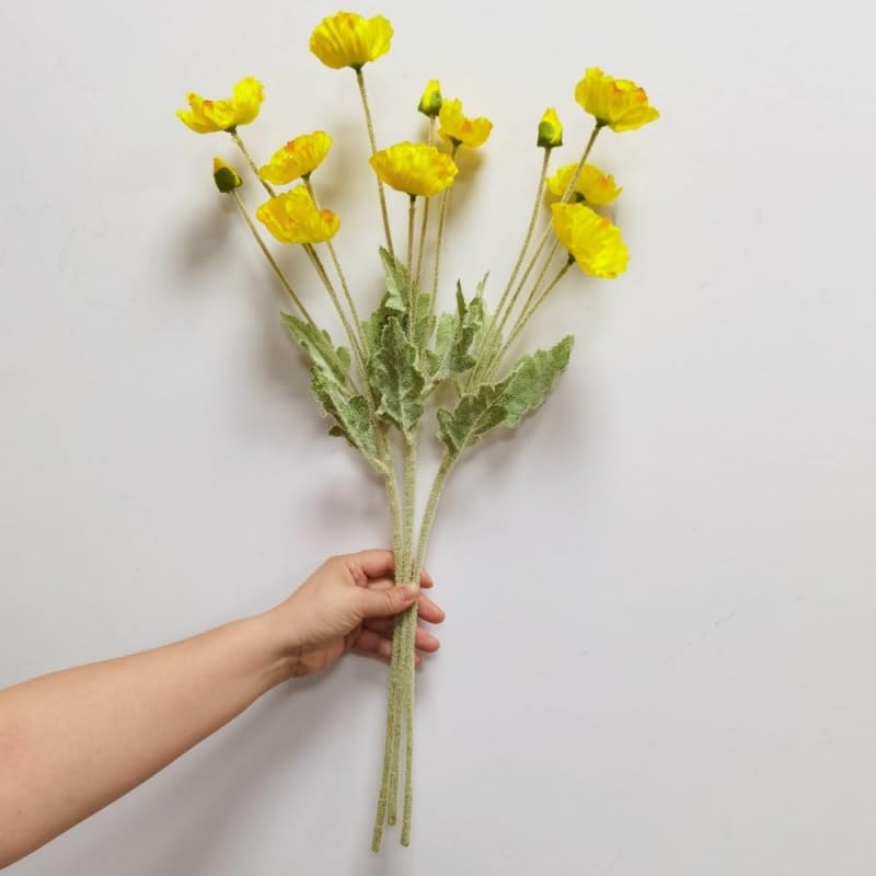 Poppy Flowers Artificial， Poppy Silk Flowers with Stems，Ranunculus Artificial Flowers，Faux Flower Stems for Wedding,Party, Outdoor Indoor Decor Flower Arrangements for Table (3, Yellow) - color: Yellow