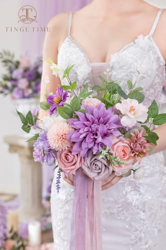 TINGE TIME Artificial 9 Inch Bridal Bouquet,Violet&Mistyrose Flower Bouquet with Roses for Bride, Bridal Tossing Bouquet for Wedding Ceremony Anniversary Bridal Showers Wedding Church Decoration - color: Violet & Misty Rose