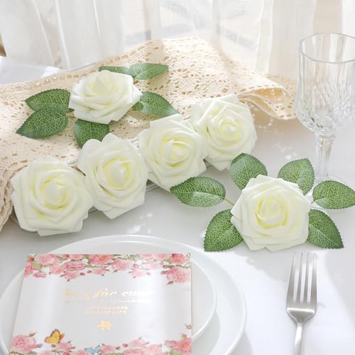 DerBlue 60pcs Artificial Roses Flowers Real Looking Fake Roses Artificial Foam Roses Decoration DIY for Wedding,Arrangements Party Home Decorations - color: Cream White