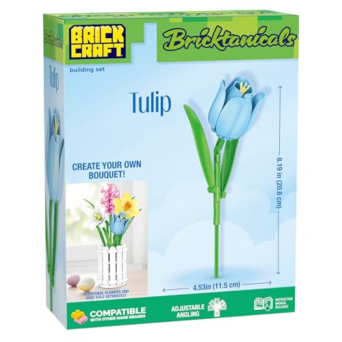 Brickcraft Bricktanicals Blue Tulip Brick Building Set, 37 Piece Single Stem Botanical Flower Model, Ages 8+, Collectible Brick Flower Build, Compatible with Brick Flowers, Spring Gift for Kids - style: Blue Tulip Spring