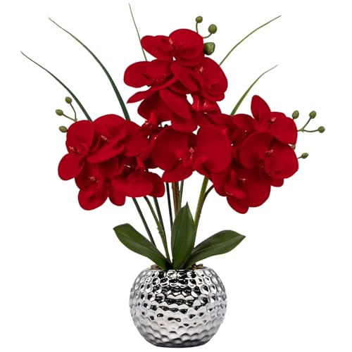 Briful Orchid Artificial Flowers 20'' Red Faux Orchid Flowers with Silver Vase Fake Phalaenopsis Silk Flowers for Home Office Dinning Room Kitchen Table Centerpiece Decor - color: Red