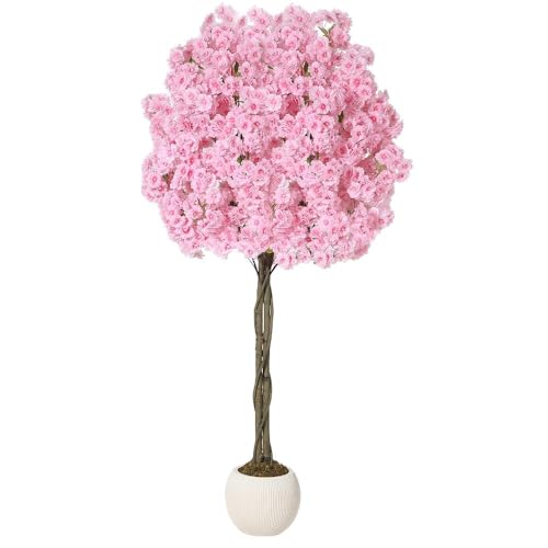 6Ft Artificial Cherry Blossom Tree, Pink Silk Flowers with Natural Wood Trunk, Realistic Fake Tree in Decorative Pot for Home Decor Indoor, Living Room, Office, Wedding, Spring Decoration