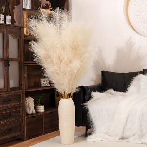 Premium Faux Beige Pampas Grass – 55" 8pcs Tall Ultra-Fluffy 24-Branch One-Piece Stems No Assembly, Luxury Silk-Feel Feather Flowers for Boho Modern Farmhouse Home Decor (Sand, 8 Stems) - color: Faux Beige, size: 8pcs 55"(140cm)