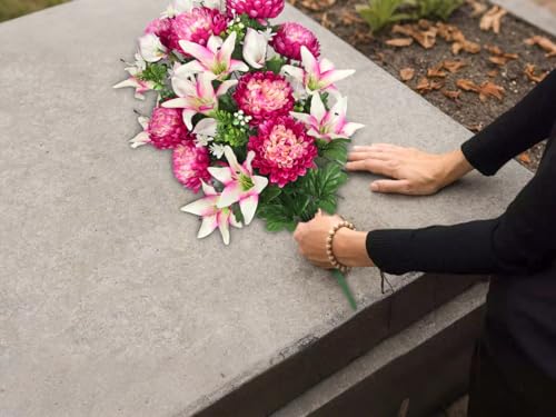 Briful Artificial Flowers for Cemetery, Cemetery Flowers for Grave, Weather Resistant Cemetery Flowers for Vase, Large Sympathy Grave Floral Arrangement with Lily Chrysanthemums Flowers - color: Fuchsia, size: 25.9 in. Cemetery Flowers Bouquet