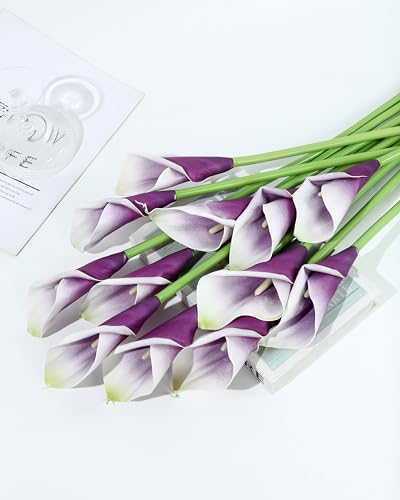 DuHouse 12pcs Calla Lily Artificial Flowers,26" Long Stem Large Calla Lily Flowers,Real Touch Calla Lilies for Party Wedding Bridal Bouquet Home Decor Centerpiece(White-Purple) - color: White-purple