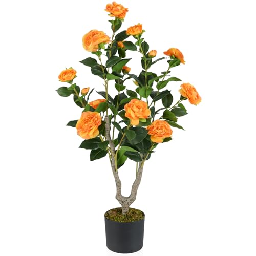 Goplus 36’’ Artificial Camellia Tree, Flower Plants Artificial Tree, Faux Floral Plant Blooming Tree in Nursery Pot, Greenery Potted Plant for Indoor Office Home Porch Decor, Orange - color: Orange, size: 36 inch