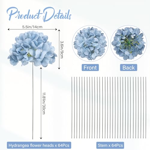 Dusty Blue Hydrangea Artificial Flowers Bulk with Stems 64 Pcs | Faux Silk Hydrangeas Flower Heads with Stems for Wedding Arch Table Centerpieces Home Garden Baby Shower Party Decoration - color: Dusty Blue