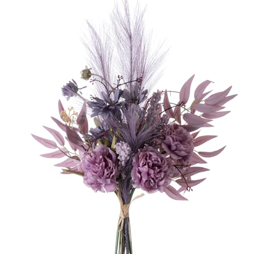Artificial Fake Faux Flowers Silk Flower Arrangements Bouquets Consists of Peonies, Chrysanthemums, Pampas Grass (Purple) - color: Purple