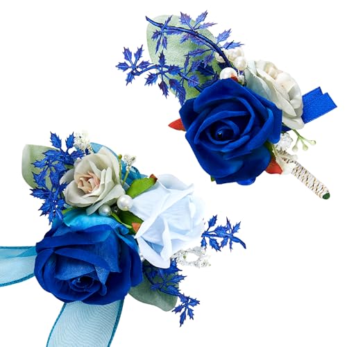 SITUMEIZI 2Pcs Deep Blue Corsage and Boutonniere Set Wrist Corsage Bracelets and Boutonniere for Men Wedding Prom Party Suit Decor - color: Deep-blue