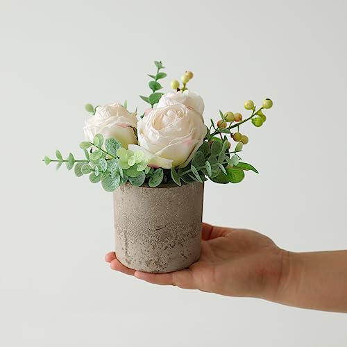 Small Artificial Burnt White Rose Potted Plant, 6" Fake Silk Flowers in 3" Cylindrical Pot, Mini Faux Floral Arrangement for Desk Shelf Bathroom Decor - color: Burnt White