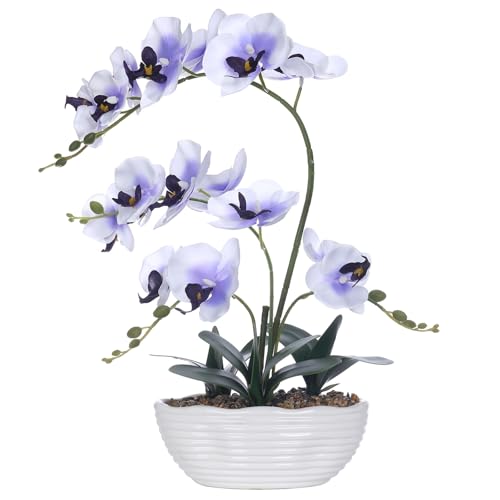 19" H Phalaenopsis Faux Orchid Plant Silk Orchid Centerpiece Artificial Floral Arrangement in Ceramic Pot (White and Purple) - color: White and Purple