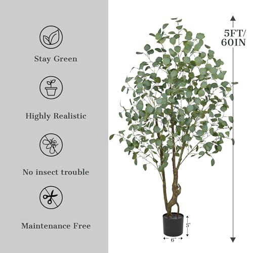 Artificial Eucalyptus Tree 5FT - Large Faux Plants Indoor Tree with 520 Leaves and Realistic Trunks, 60" Tall Fake Tropical Plant in Pot Artificial Floor Plant for Home Living Room Porch Office Decor - size: 5ft