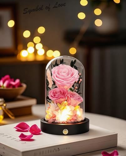 Preserved Flowers in Glass Dome, Forever Flowers for Delivery Prime, Pink Roses Valentines Day Anniversary Mothers Day Birthday Gifts for Her Mom Women Wife Girlfriend - color: New Pink