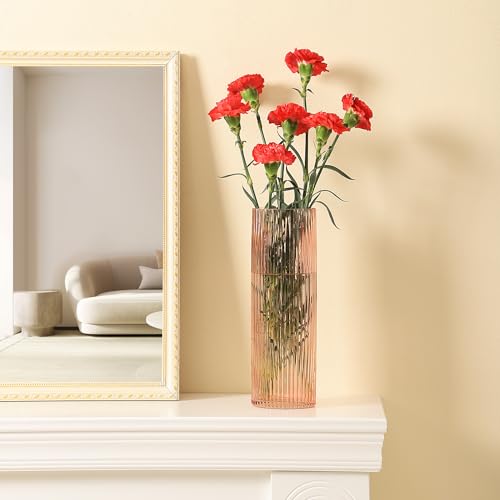 Pink Glass Vase, Glass Flower Vases, Ribbed Vase, Pink Vase, Tall Cylinder Glass Vases for Living Room, Bedroom, Dining Table, Office, Wedding, Bookshelf Decoration, 12 Inches - color: Pink, size: 12''