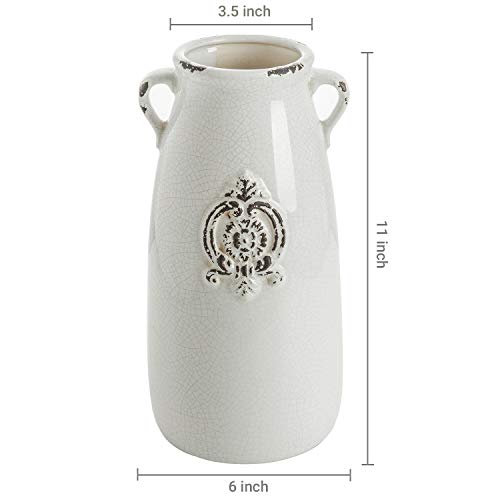 MyGift Farmhouse White Ceramic Vase with Handle and Embossed Seal Design, Antique Jug Shaped Tabletop Flower Vase