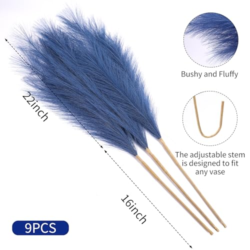 Wertuirk 9 Stems Blue Pampas Grass - 38 Inch Tall Faux Pompous Grass Decor, Long Artificial Pompas Floral Branches for Vase Filler, Wedding Flower Arrangement and Home Decor (Blue) - color: Blue