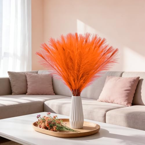 50pcs Orange Pampas Grass 21.6 Inch Non-Shedding Faux Pampas for Vibrant Warm Home, Boho Weddings and Terracotta Tone Vase Arrangements - color: Orange